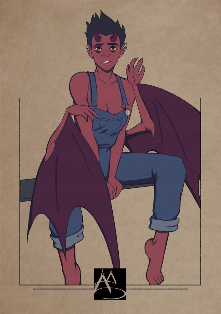 A red demon girl in overalls, waiving with one of her wing hands. 