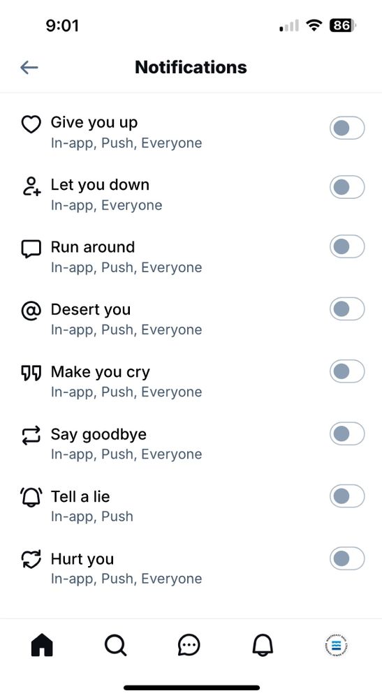 screen shot of the updated Bluesky notifications screen with the options:

Give you up
Let you down
Run around
Desert you
Make you cry
Say goodbye
Tell a lie
Hurt you

They are all set to Off.