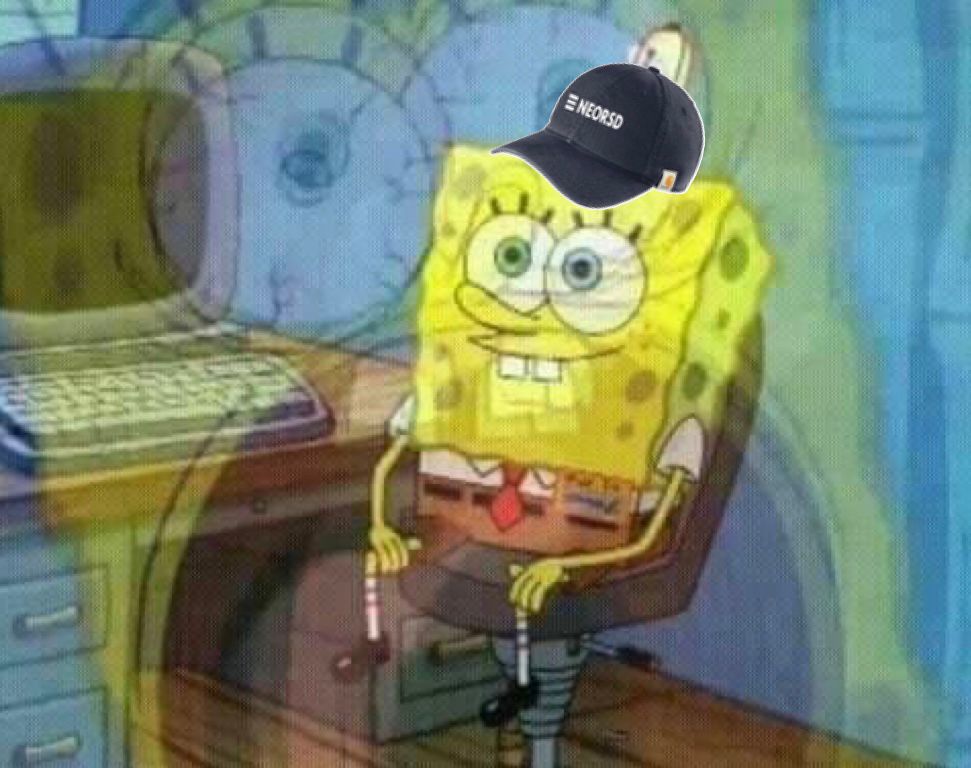 Spongebob at a computer. he wears a NEORSD ball cap and stares blankly, smiling, into nothingness while a vision of himself screaming emerges from the void.