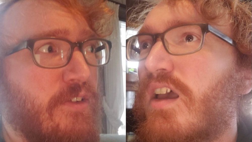 image of a man in glasses looking at himself in reverse images. he has red hair and a red beard and mustache.