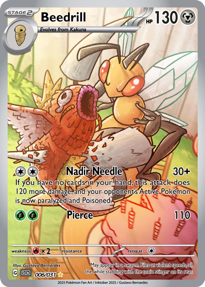 Arte feita para o desafio Inktober 2025, onde, com um tema predefinido, foi feita uma carta fã made de Pokémon tcg. Tema número 6: Pierce, perfurar.
