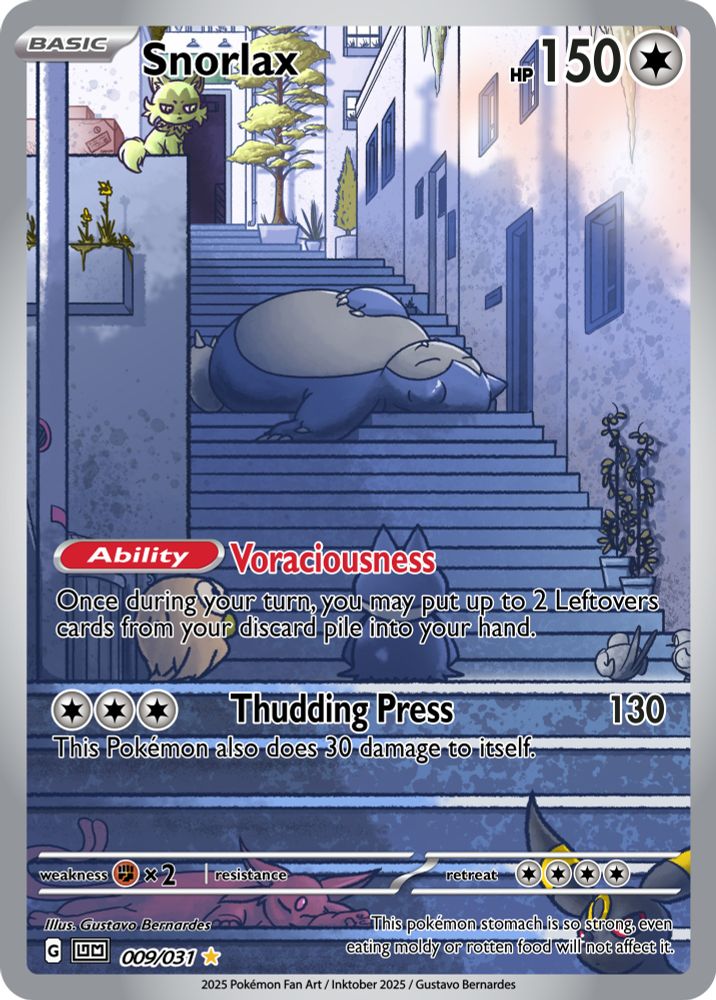 Arte feita para o desafio Inktober 2025, onde, com um tema predefinido, foi feita uma carta fã made de Pokémon tcg. Tema número 9: Heavy, Pesado.