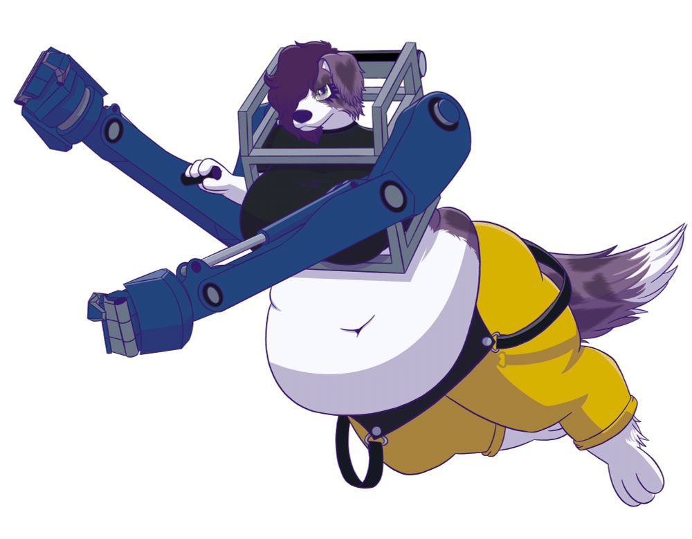 Sia, a purple anthro Australian Shepherd, wearing loader's outfit and exoskeleton thing from risk of rain 2