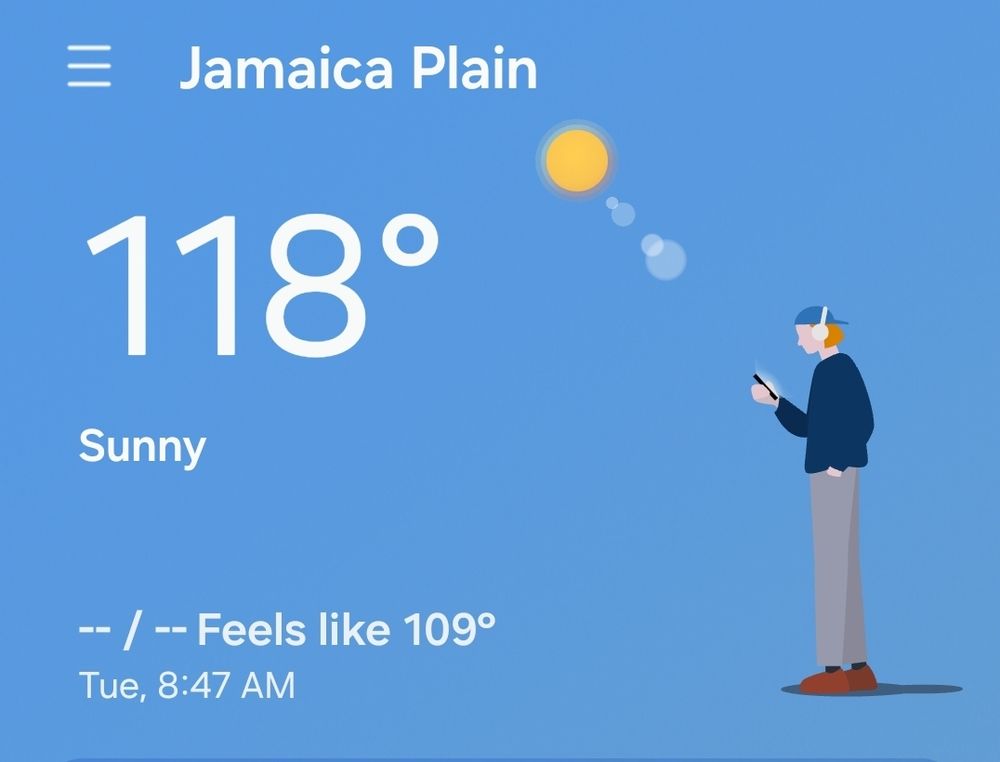 A screenshot of the Weather Channel app showing, erroneously, that it is 118° Fahrenheit in Boston, Massachusetts.