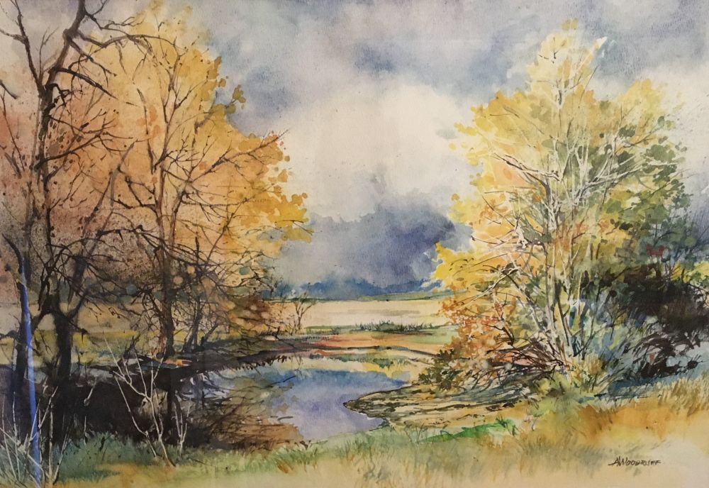 Water colour painting of a small pond with trees around it in a field