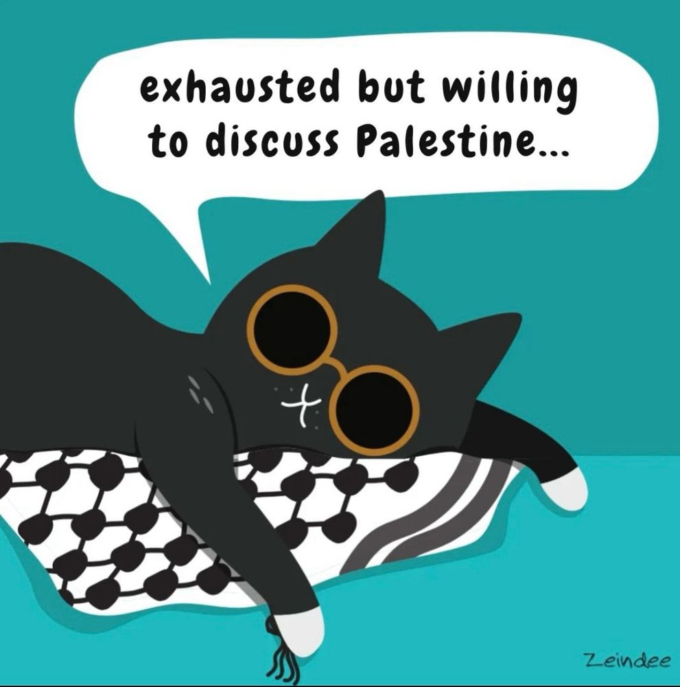 “Exhausted but willing to discuss Palestine”word bubble, minimalist illustration of a sleepy black cat lying on a black and white keffiyeh.
