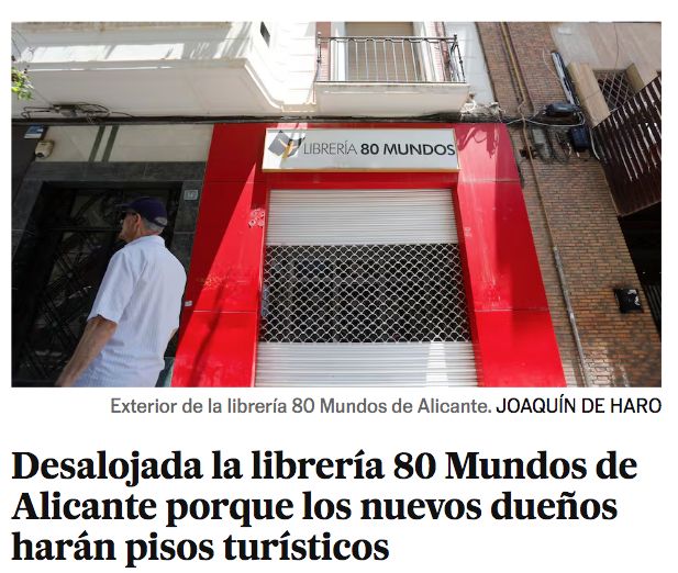 Noticia de desalojo de la librería 80 Muncos para hacer pisis turísticos.