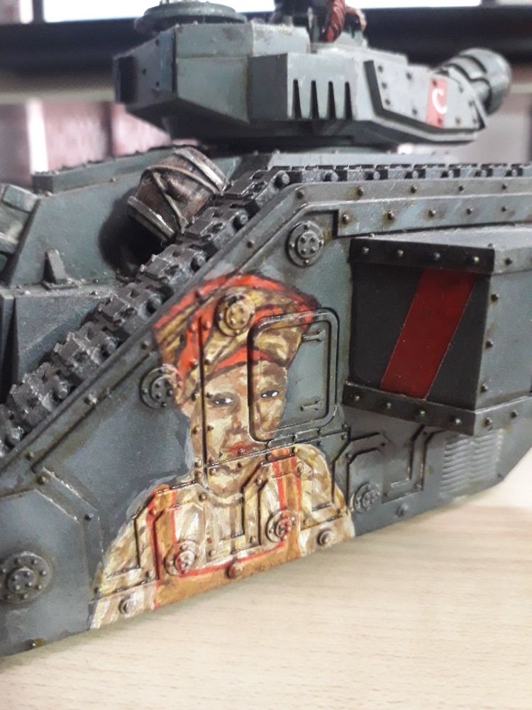 model 40k tank close up of hand painted portrait of a woman in a red headdress