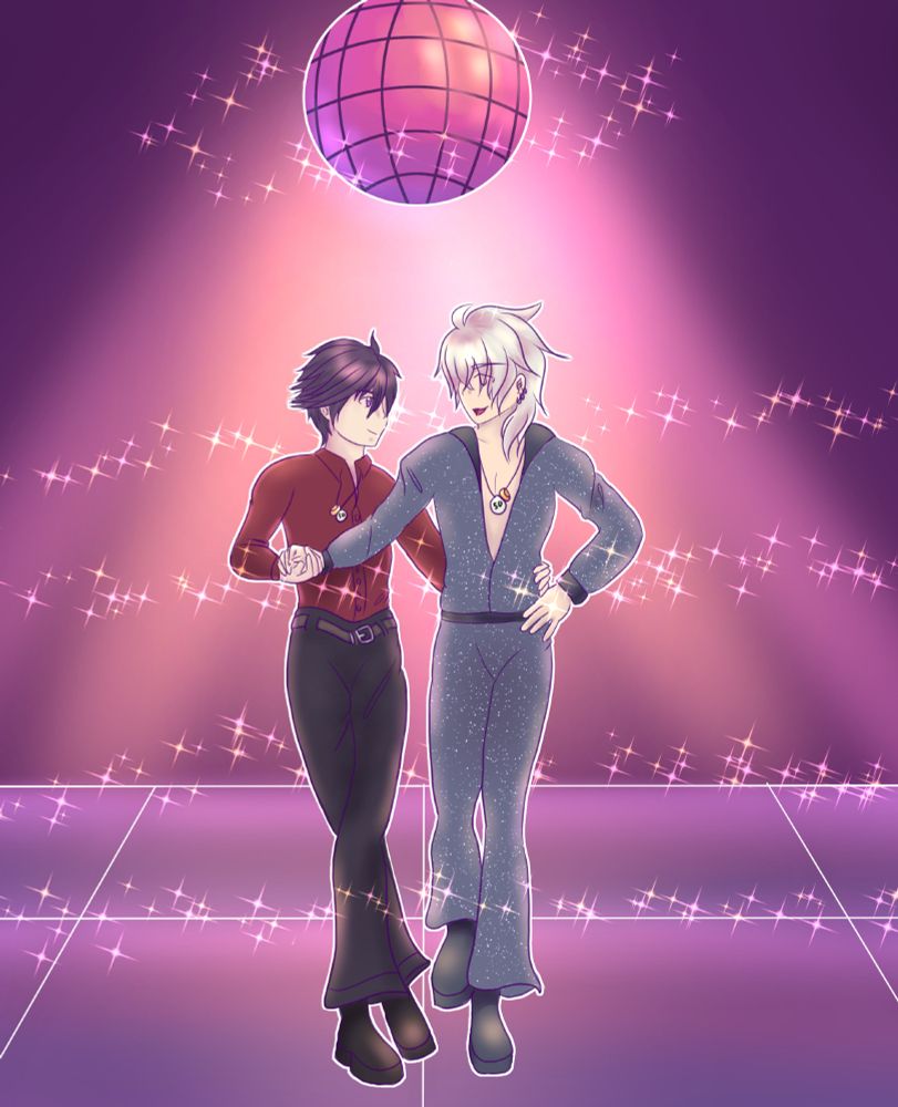Drawn on September 21st as a pun. This piece is Rean and Crow draw at a disco. Disco clothes included.