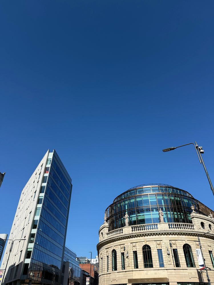 Blue skies over the Channel 4 building in Leeds