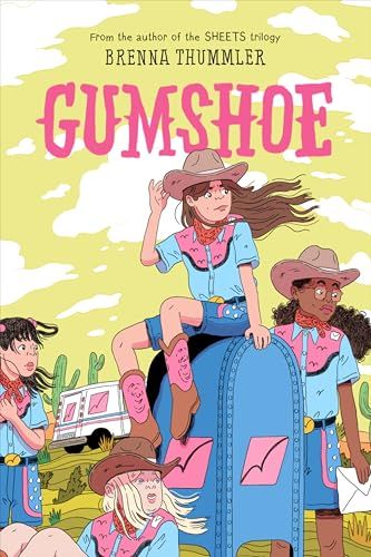graphic novel cover of Gumshoe by Brenna Thummler: illustration of 4 tweens next to a mailbox wearing western style outfits.