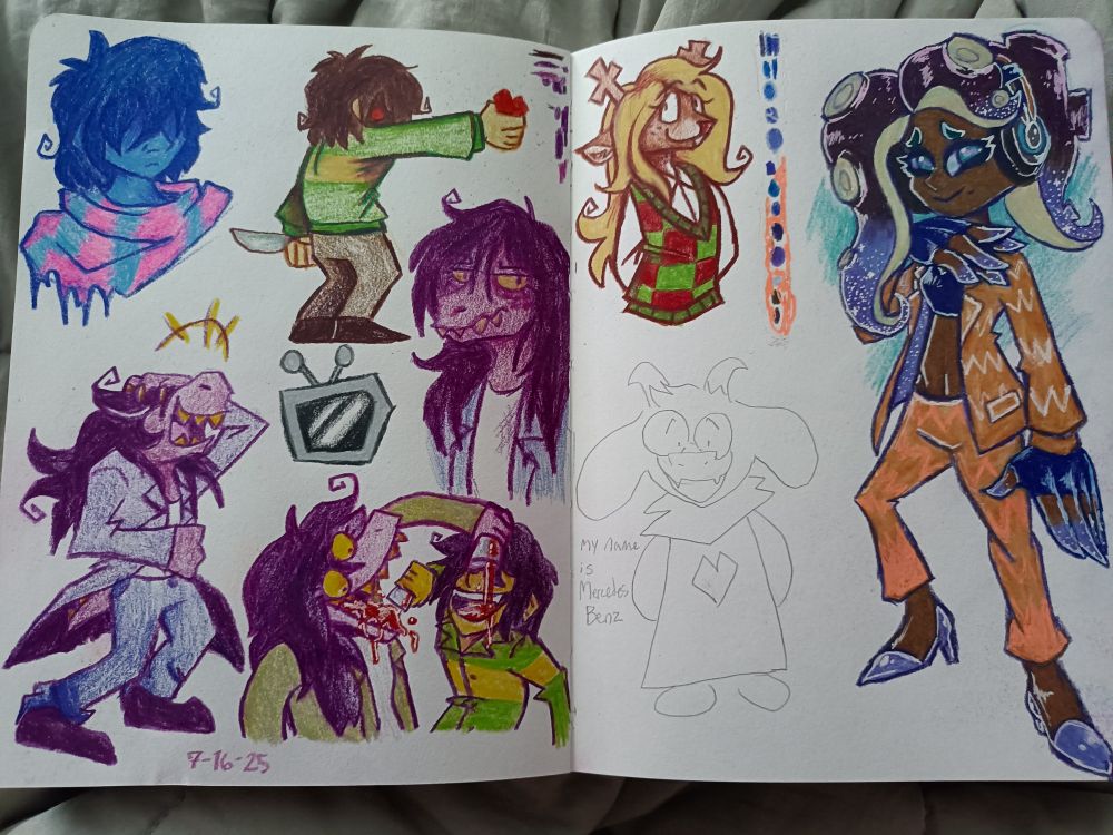 colored pencil drawings of kris, susie, and noelle from deltarune, as well as a colored drawing of marina from splatoon. a chunk of empty space on the page with noelle and marina is simply filled by a shitty doodle of ralsei saying his name is mercedes benz