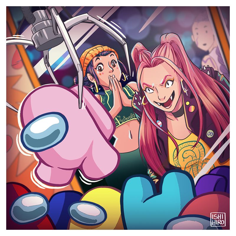 Colorful, cartoon illustration of Mira from KPop Demon Hunters snarling at a claw game, nearly grabbing a pink Crewmate from Among Us. In the background, Zoey holds her hands over her face in anticipation and a slightly blurry Rumi looks on in the background.