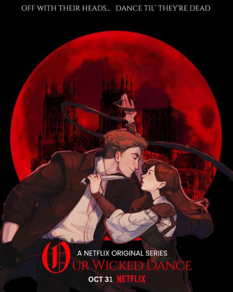 Background of the poster includes a blood moon and a cathedral. At the forefront of the poster you’ll find my FMC holding a dagger to the neck of my MMC with the title of my book in red at the bottom as well as the Netflix logo