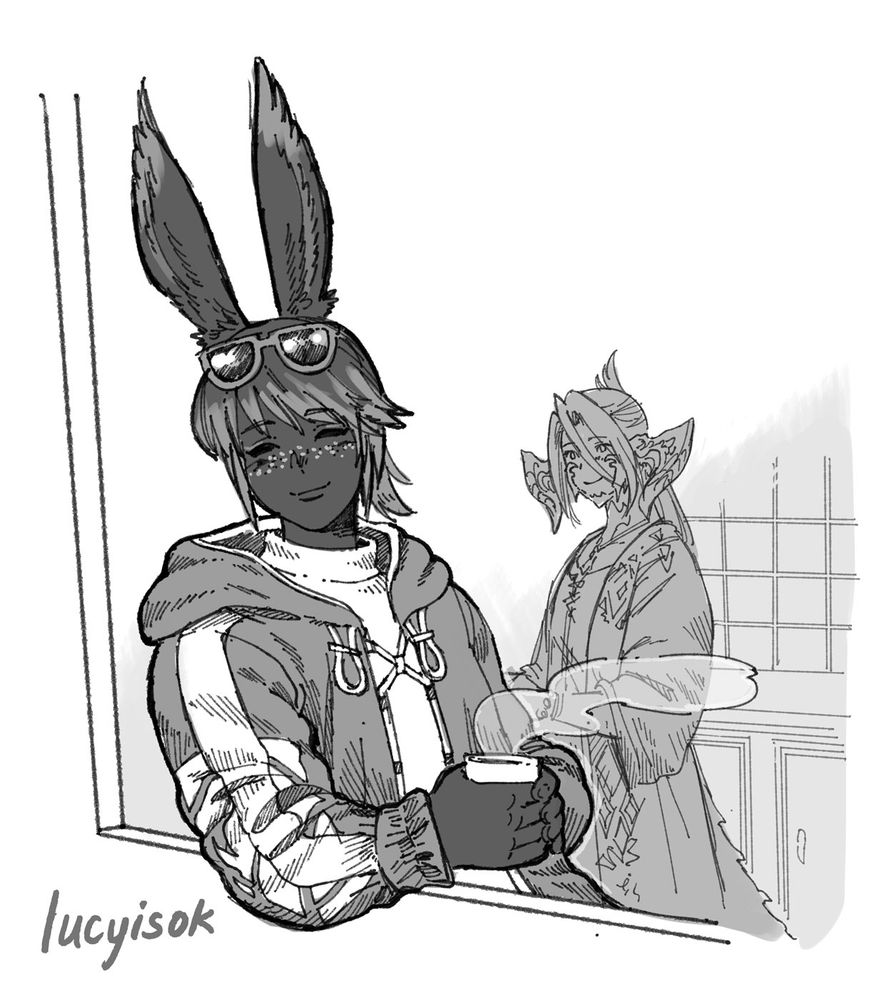 viera by the window sipping coffee, with his au ra husband in the background, both ocs from final fantasy xiv