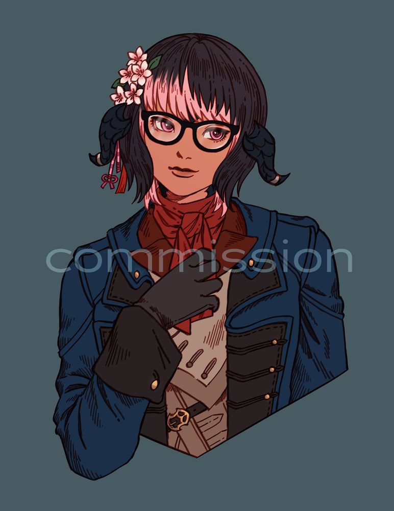 illustrated portrait of an au ra from final fantasy fourteen holding her ascot in her hand and looking to the right.