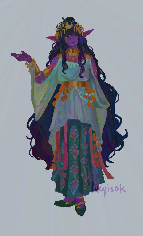 an elf girl with colorful clothes standing.