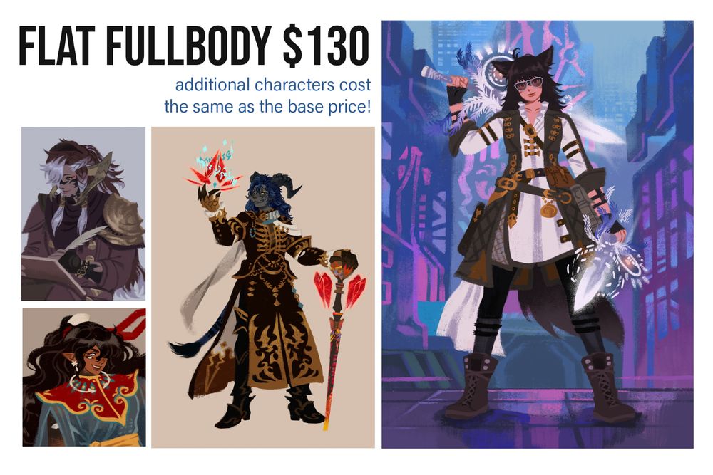 examples of a flat, partially rendered style, with close ups on the left. text on top says "Flat Fullbody $130. additional characters cost the same as the base price!"