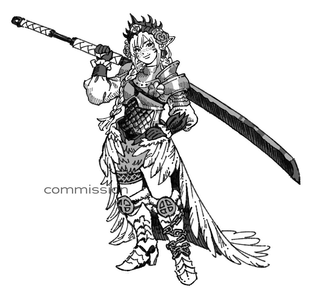 drawing of a hunter from monster hunter holding a sword