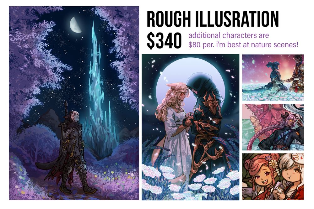 examples of rough illustrations, with detail shots on the right. text ontop says "Rough Illustration $340. additional characters are $70 per. I'm best at nature scenes!"