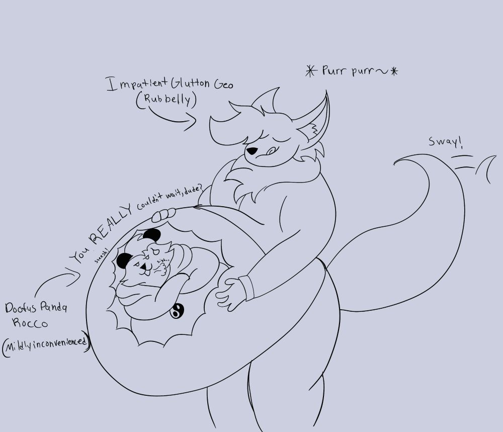 Geo having eaten Rocco is very pleased with himself, his tail swaying as he is purring with content.

Rocco isn't against this but feels mildly inconvenienced by Geo being too gluttonous to be a little bit patient. 