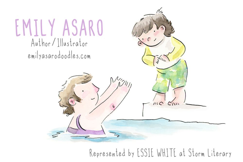 Watercolor illustration of a young swimmer getting up the courage to jump into the pool with his mama. 