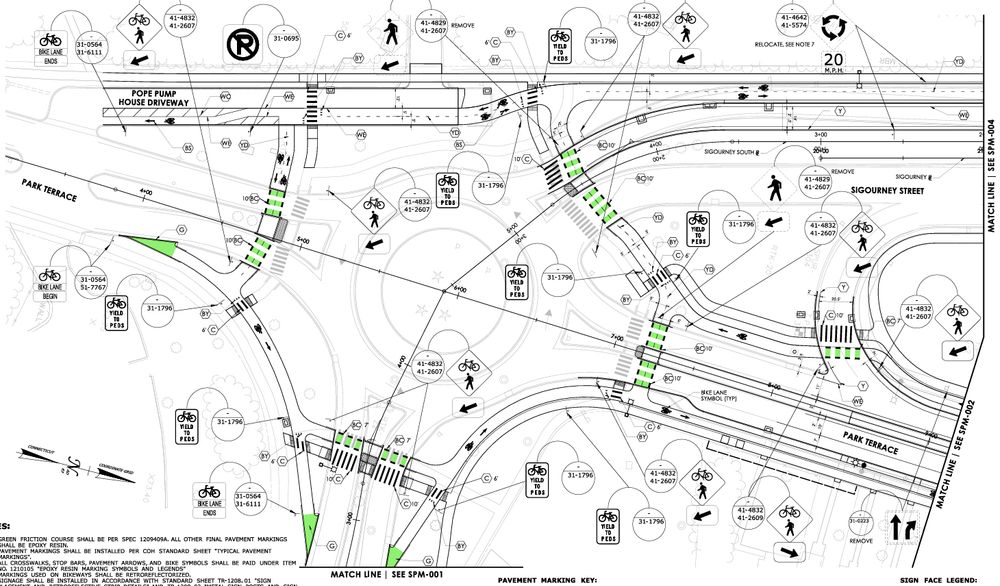 pavement marking plan for sigourney st / park terrace roundabout in hartford, CT showing new protected bike lanes around the roundabout, a two way cycletrack up sigourney st, and protected single bike lanes on park terrace