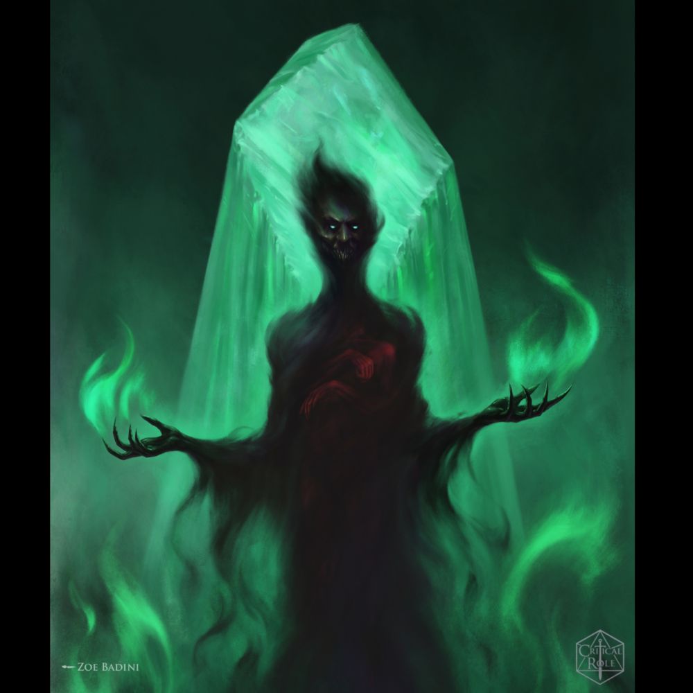 Close up of Evithorir, painted for Critical Role by Zoe Badini. Evithorir is described as an elven figure perpetually shrouded in shadows. Its face is pale gray, its skin is pulled tight against bone. Its teeth are crooked and elongated and its eyes glow. In this scene it stands in front of a large glowing green crystal pillar, surrounded by black and greenish flames. Its body flows and disappears into the shadows. Its hands are lifted at its sides, casting more dark shadows. Hidden and trapped inside its chest we can glimpse a reddish emaciated figure.