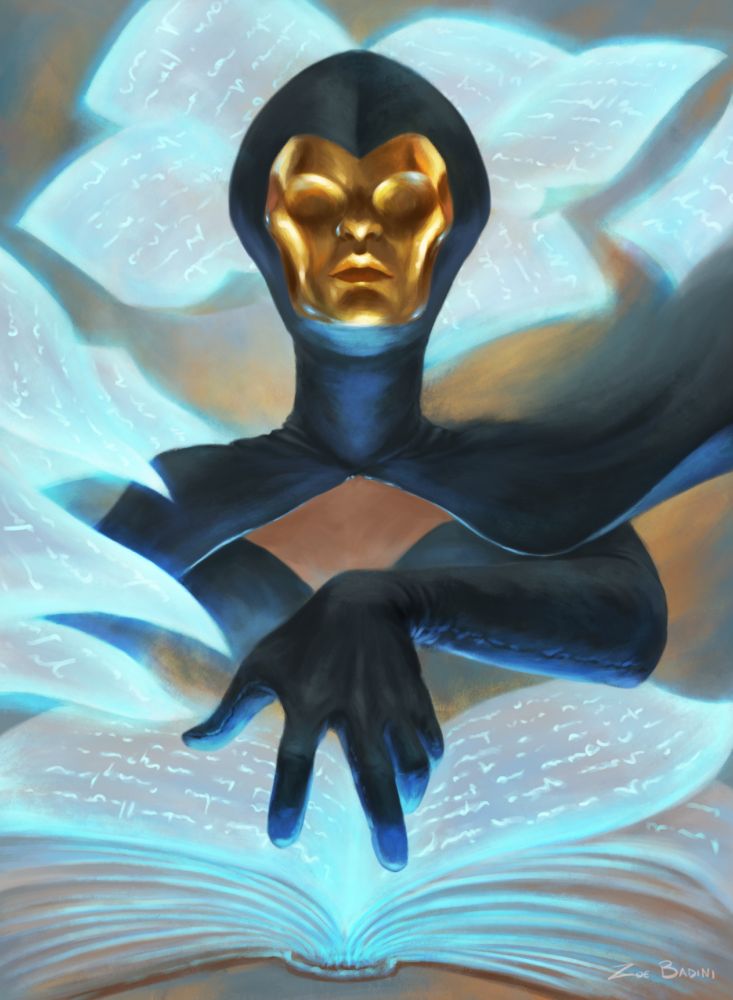 Destiny, painted for the 2024 Upper Deck Fleer Ultra Matriarchs of Marvel set.
Portrait view of a figure wearing a mysterious golden mask. She’s wearing a hooded black cloak. In front of her there’s an open book with glowing writing, she’s extending a hand gloved in black fabric towards it and the viewer, as if to read the words. Pages covered in glowing symbols float away from the book around her.