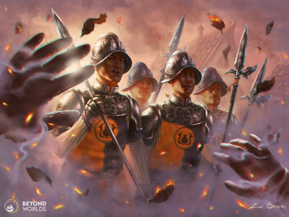 Four pikemen in uniform are advancing towards the camera in a smoky setting. In the background we see the roofs of a town and several smoking chimneys. The image is framed by the hands of the clearly agitated observer, shielding himself from the sun and the view of the guards.