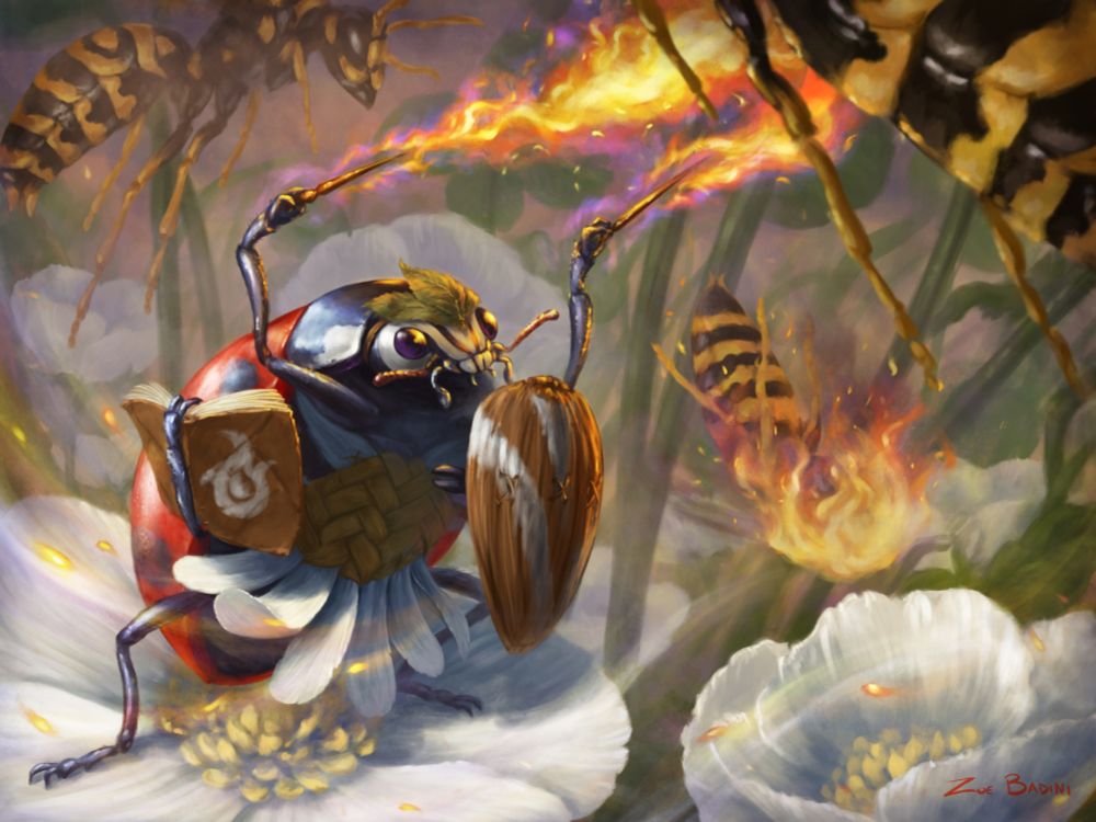 A ladybug clad in an armor made of leaves and flower petals stands on a large white flower. They’re wielding magic wands, a spellbook and a shield made out of a seed husk. White war paint adorns their face and shield. They are casting fire spells against a horde of wasps.