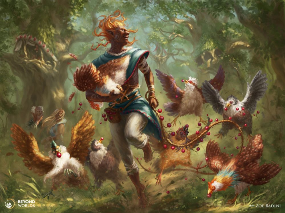 We’re in a pleasant forest setting, with lots of greenery and the sun peeking through the canopy. We see tree houses made of natural materials on the trees.
A young, dark skinned elf is running madly towards the camera, laughing. He’s holding a chicken under one arm and a rope strung with strange berries in the other hand. A whole flock of chickens is following him, apparently crazy about the berries.
The chaotic scene is being watched by two shocked bystanders.