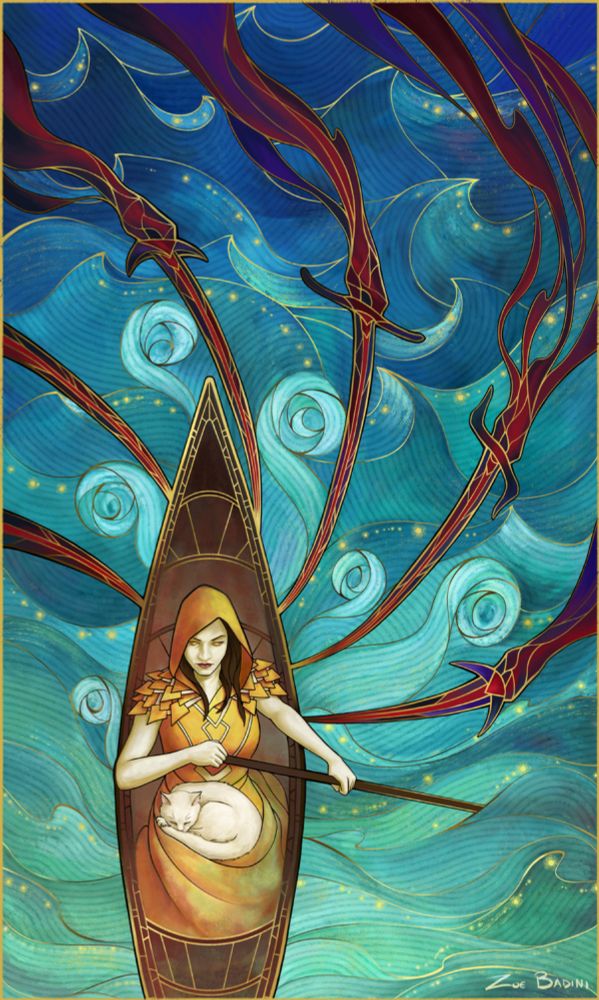 A depiction of the tarot card six of swords. We see a stylized image of a woman rowing on a small boat.  There’s a white cat cradled in her lap. The sea behind her is rough, but gets progressively calmer in the direction she’s going. Six smoky hands wielding swords are pursuing her.
The style of the painting mimics a stained glass artwork.