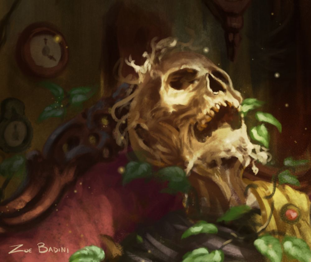 A small glimpse from an unfinished painting. We see a skull enveloped in vines. It's hit by warm sunlight. In the background clocks are visible on a wall.