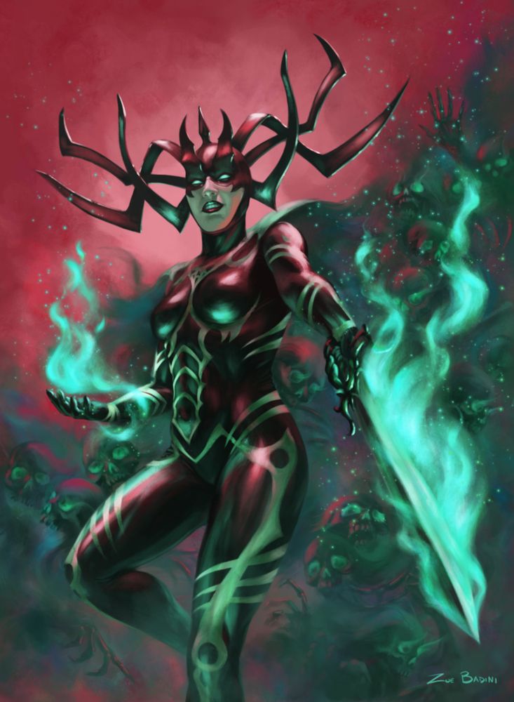 Hela, painted for the 2024 Upper Deck Fleer Ultra Matriarchs of Marvel set by Zoe Badini.
A woman wearing an imposing crown and a dark suit wields a sword flaming with greenish fire. Under her cloak there’s a starry mist filled with skulls and skeletal hands.