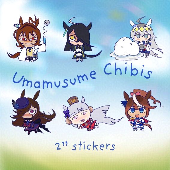 Uma musume 2 inch stickers. On the image is Agnes Tachyon, Manhattan Cafe, Oguri Cap, Rice Shower, Gold Ship, and Tokai Teio