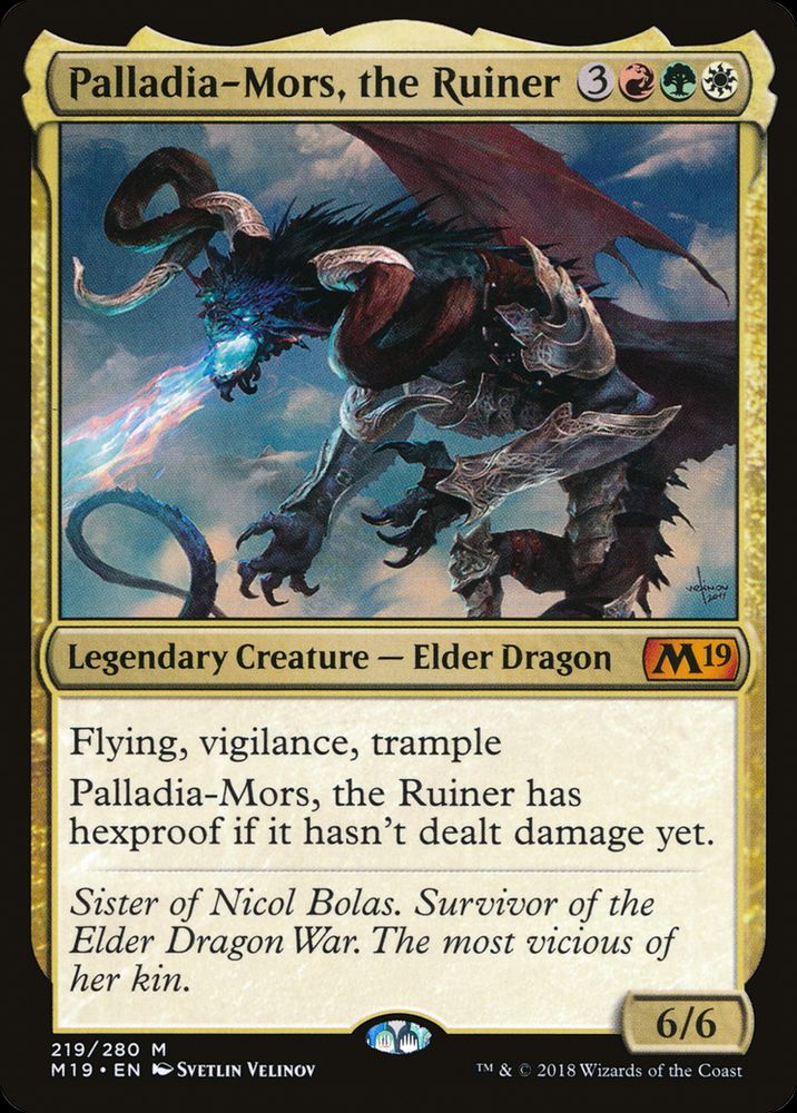 Magic: The Gathering card Palladia-Mors, the Ruiner. It says, "Palladia-Mors has hexproof if it hasn't dealt damage yet".