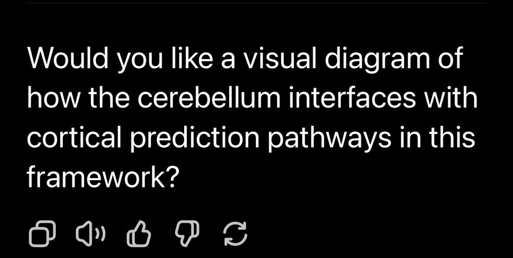 Screenshot of LLM offering to generate the image "Would you like a visual diagram of how the cerebellum interfaces with cortical prediction pathways in this framework?"