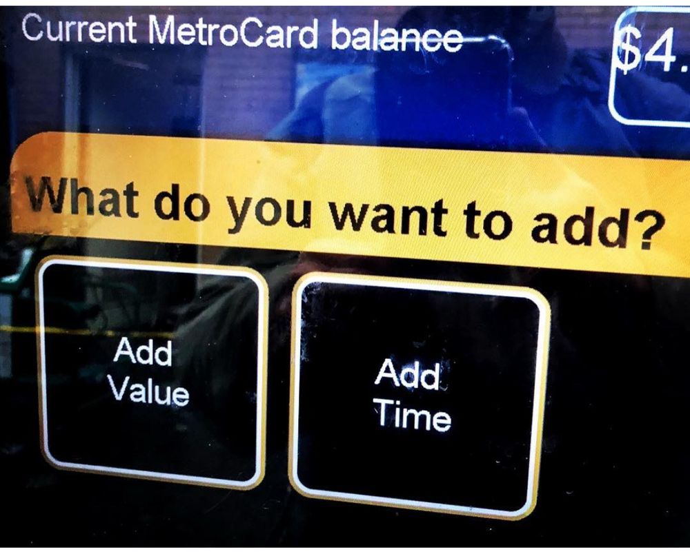 Photo of the screen of the ticket booth for the metro station. It displays the choice between “add value” or “add time”