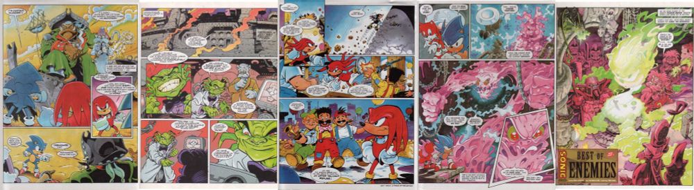 Я вот часто слышал, как некоторые фанаты Соника ругали «Арчи Соник» из-за большого количества персонажей, поясняя это тем, что они плохо сочетаются с франшизой Соника. Но так пусть они закроют свой рот! «Sonic The Comic» в плане ненужных персонажей переплюнул даже ту популярную серию комиксов!

Пландр — Капитан «Небесных Пиратов». Мне кажется, ему место в «Пиратах Тёмной Воды», но точно не в Сонике;

Гример — Главный учёный Доктора Роботника. Будто Гринча запихнули в мир Соника;

Братья Марксио — Супер Братья Марио узнаются невооружённым взглядом.

И много других! После этого вы говорите, что у «Арчи Соник» перебор с персонажами?! «Sonic The Comic» вставлял всех подряд! Не важно, сочетается он с миром Соника или нет!

I've often heard some Sonic fans scold «Archie Sonic» because of the large number of characters, explaining that they don't fit well with the Sonic franchise. But then let them shut their mouths! «Sonic The Comic» in terms of unnecessary characters surpassed even that popular comic book series!

Plunder — Captain of «Sky Pirates». I think he should be in «Pirates of Dark Water», but definitely not in Sonic;

Grimer — Dr. Robotnik's chief scientist. It's like Grinch was shoved into Sonic's world;

Marxio Brothers — Super Mario Brothers are recognizable to the naked eye.

And many other things! After that, you say that «Archie Sonic» has too many characters?! «Sonic The Comic» inserted everyone in a row! It doesn't matter if it is combined with the world of Sonic or not!