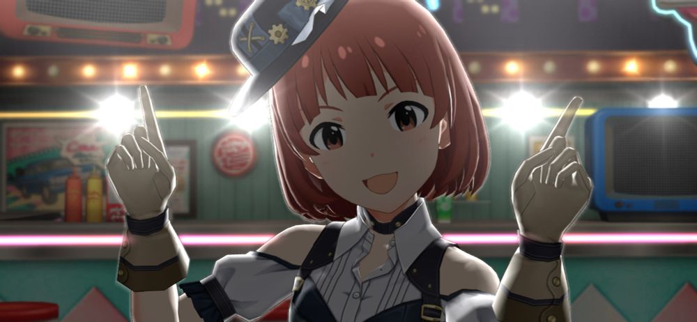 茜ちゃんのバストアップショット。スチームパンク衣装。背後から複数のライトによる逆光演出。