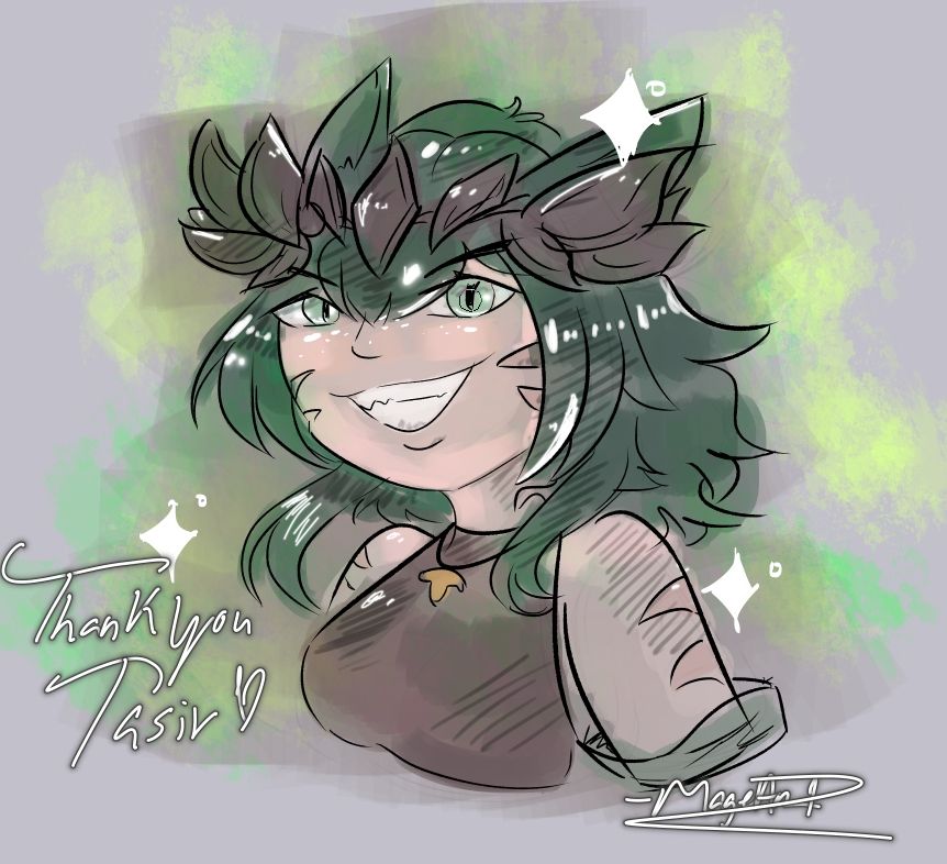 Sketch of Tasir's warrior of light, a green haired miqote with druid vibes