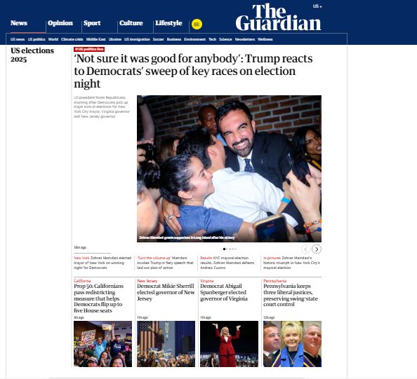 The Guardian front page on 11/5/25 showing Democratic wins across the states where elections were held.
