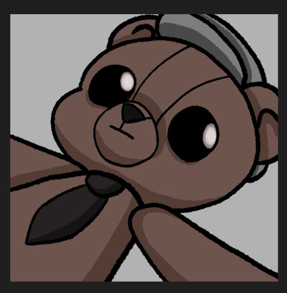 emote of a brown teddy bear wearing a grey hat and a black tie lying on its back
