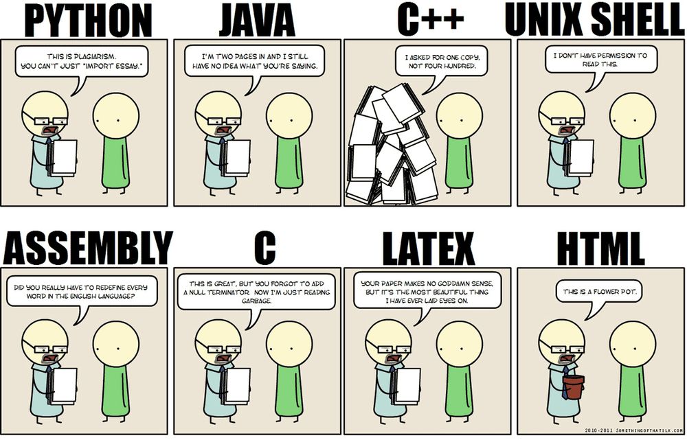 a visual discussion of how essays look in various programming languages.