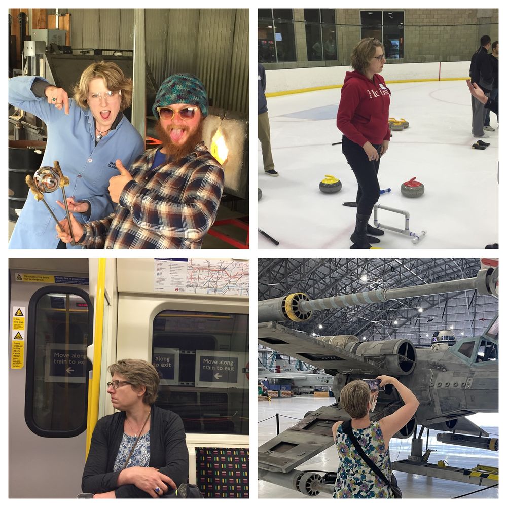 Kirsten Taylor as glass artist, sports enthusiast, world traveler and sci-fi fan (clockwise from the upper left)