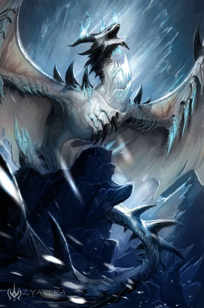 painting of a silverish blue dragon with thick spikes of ice on its scales 