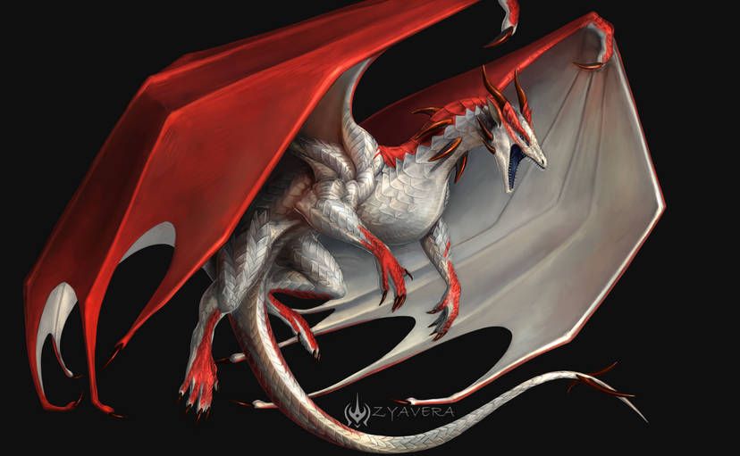 painting of a white and red dragon with lots of tiny scales and horned head and neck