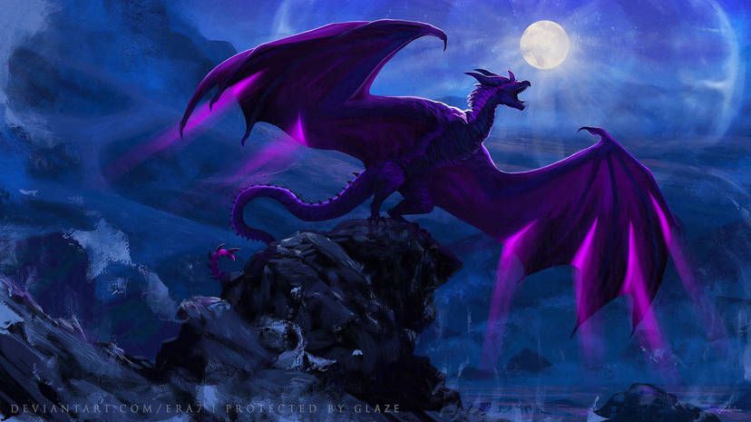 painting of a dark purple dragon standing on a cliff in front the bright moon