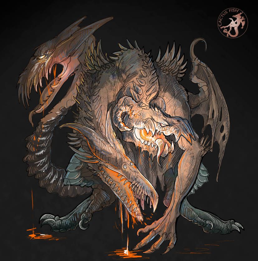 painting of a vicious lava dragon with lava dripping from its different mouths